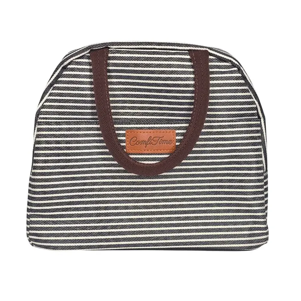 COMFYTIME INSULATED LUNCH BAG – BLACK/WHITE STRIPES – ZIP TOP / THERMAL LINING